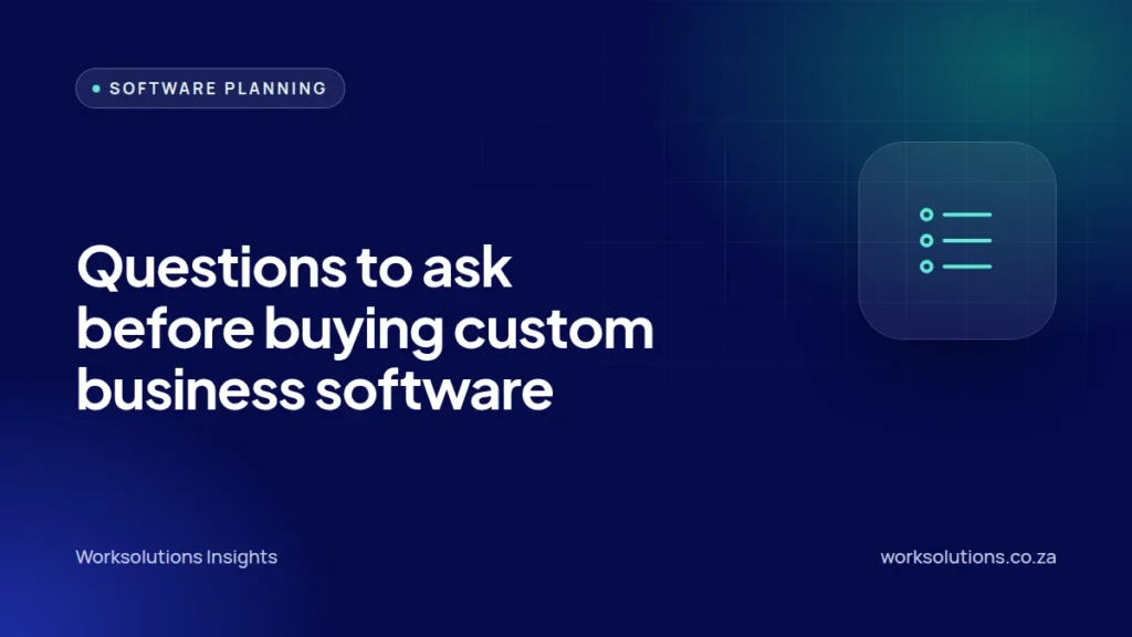 Worksolutions Insights article cover: Questions to ask before buying custom business software