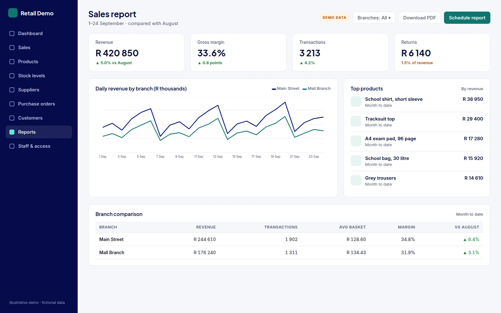 Illustrative sales report comparing daily revenue for two branches, top products and branch margins. Fictional demo data.