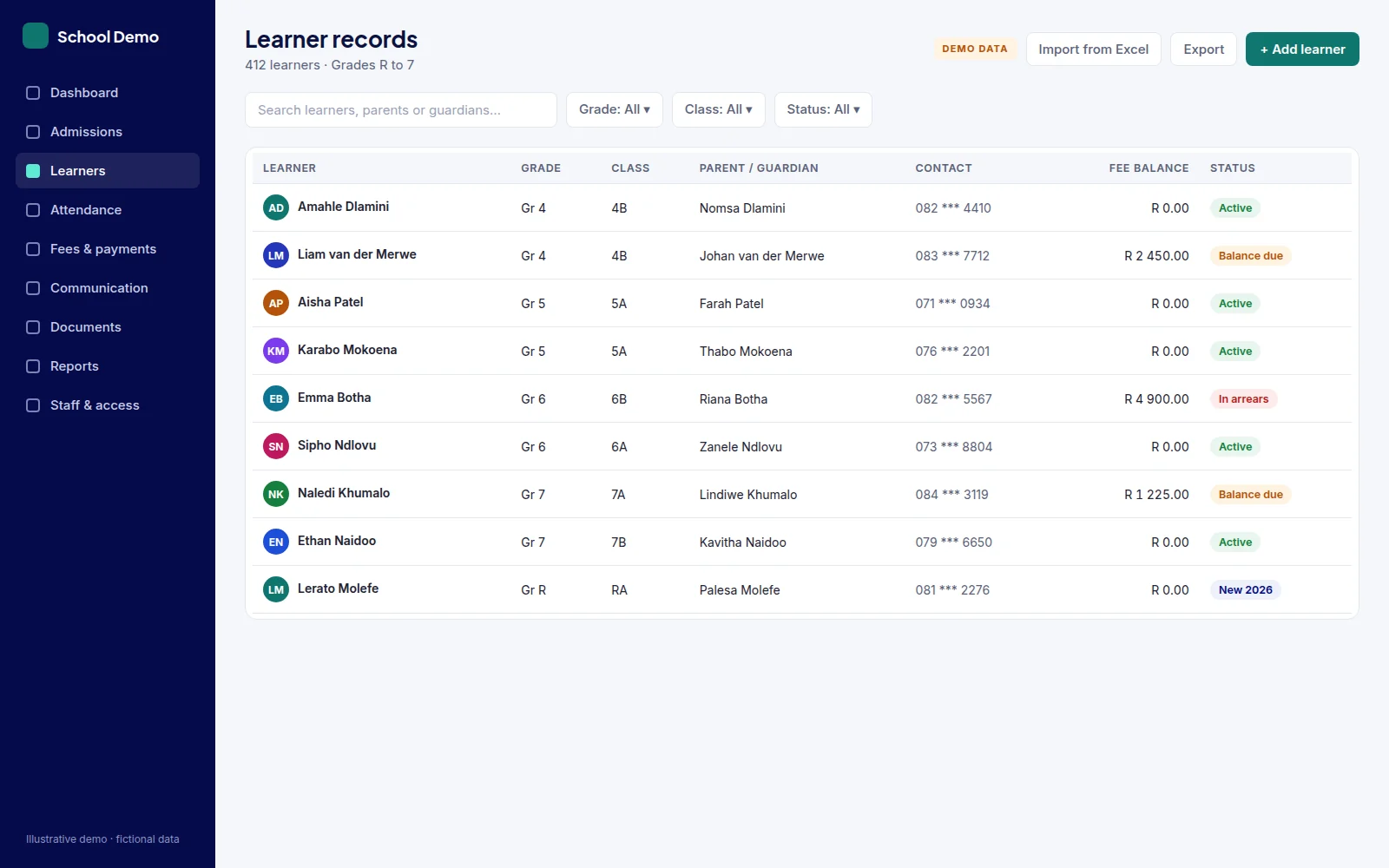 Illustrative learner records list with grade, class, parent or guardian, fee balance and status. Fictional demo data.